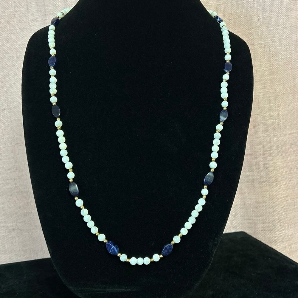 Vintage Mother of Pearl ,‎ Sodalite , and Gold Plated Beaded 34 inch Necklace
